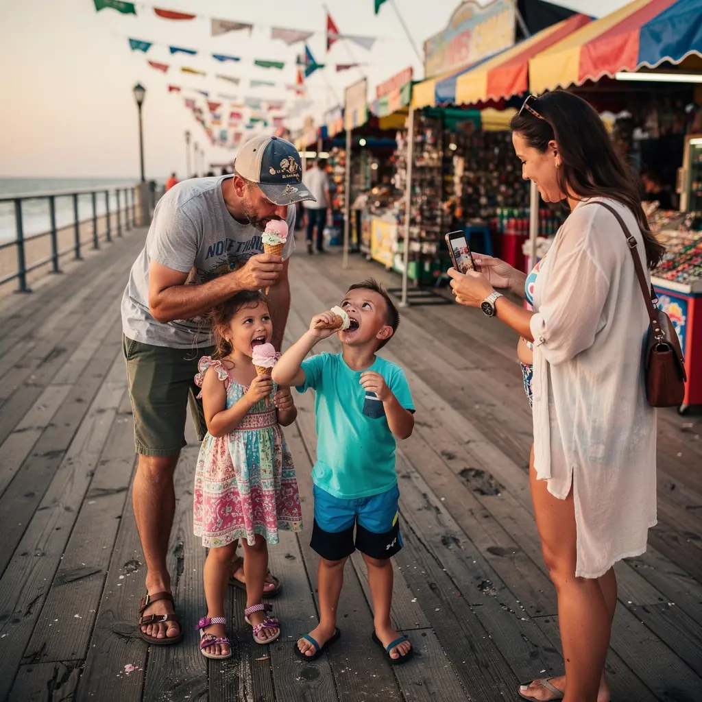 Zachód słońca nad wybrzeżem, z panoramą widokową i spokojną atmosferą idealną na rodzinne wspomnienia.