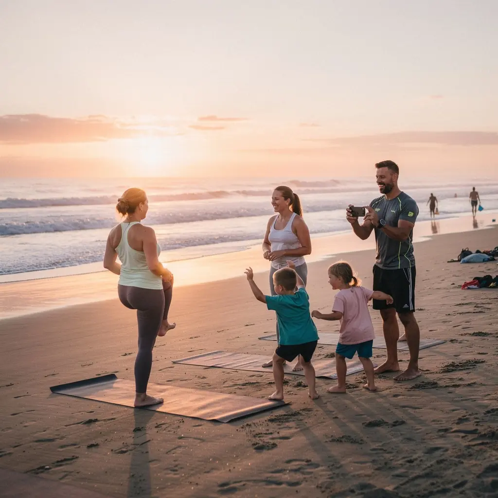 Grupa turystów relaksująca się na plaży, podziwiająca zachód słońca nad wodami.