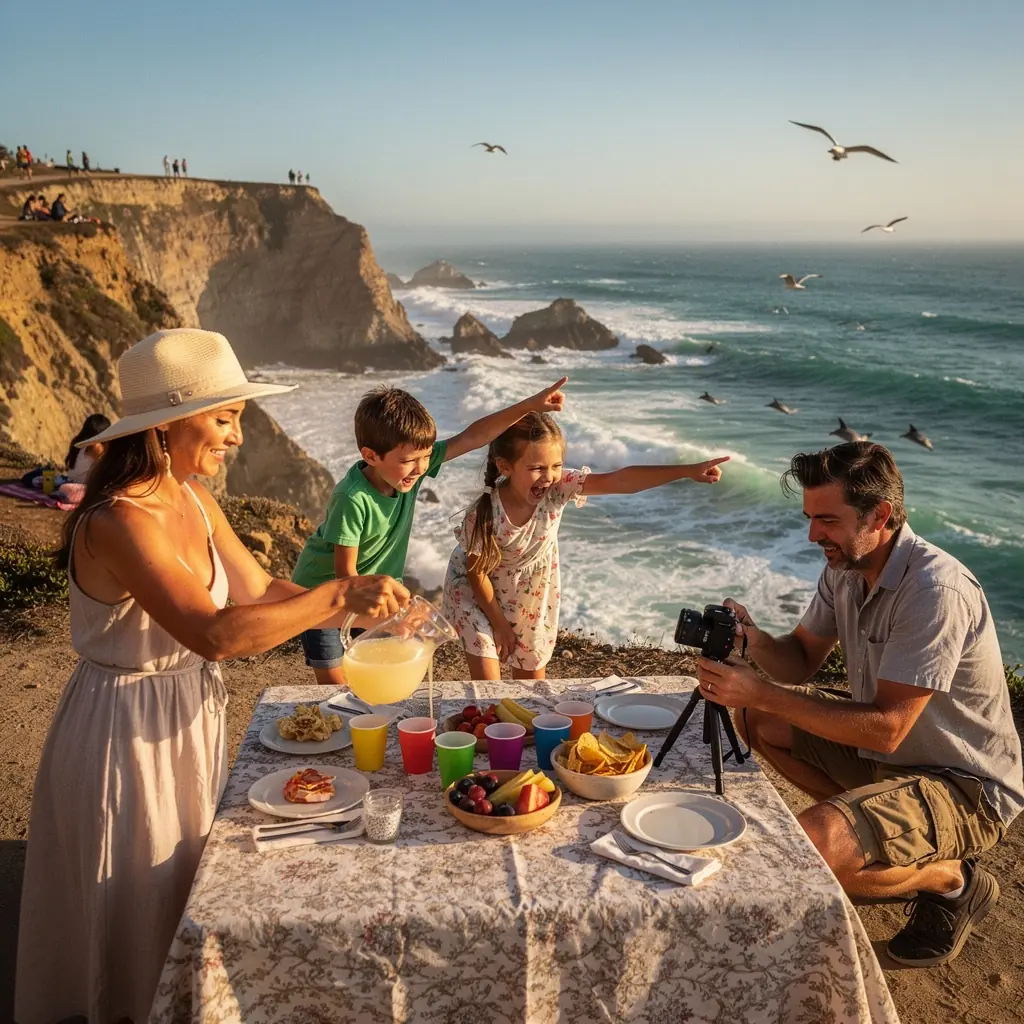 Dzieci bawią się w piasku, podczas gdy rodzice planują dalszą część dnia w malowniczym otoczeniu.