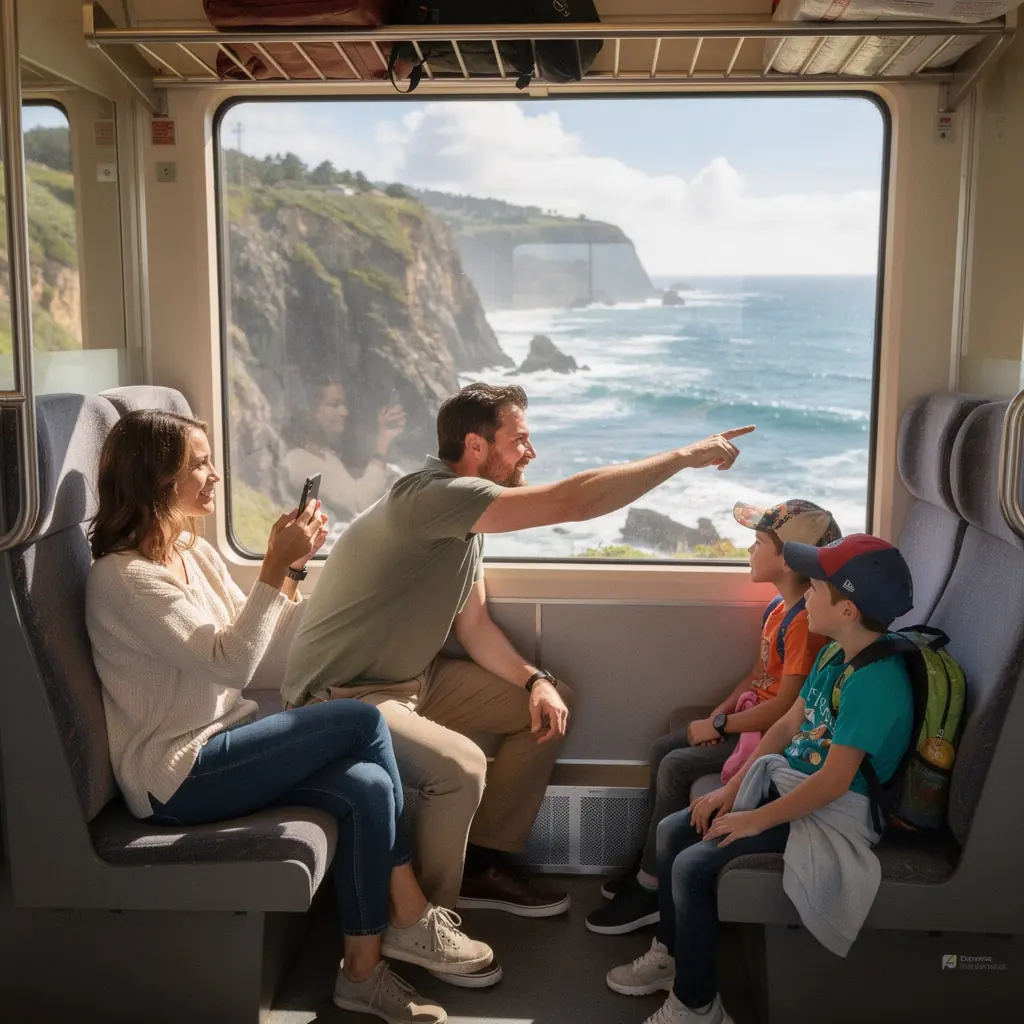 Dzieci z rodzicami odkrywające malownicze klify z punktu widokowego nadmorskiego.