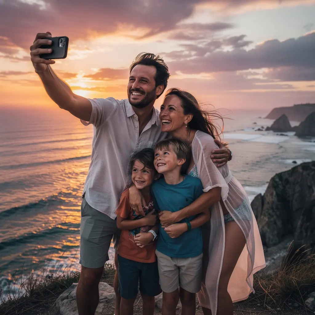 Zachód słońca nad wybrzeżem, z malowniczymi klifami i falami uderzającymi o brzeg.