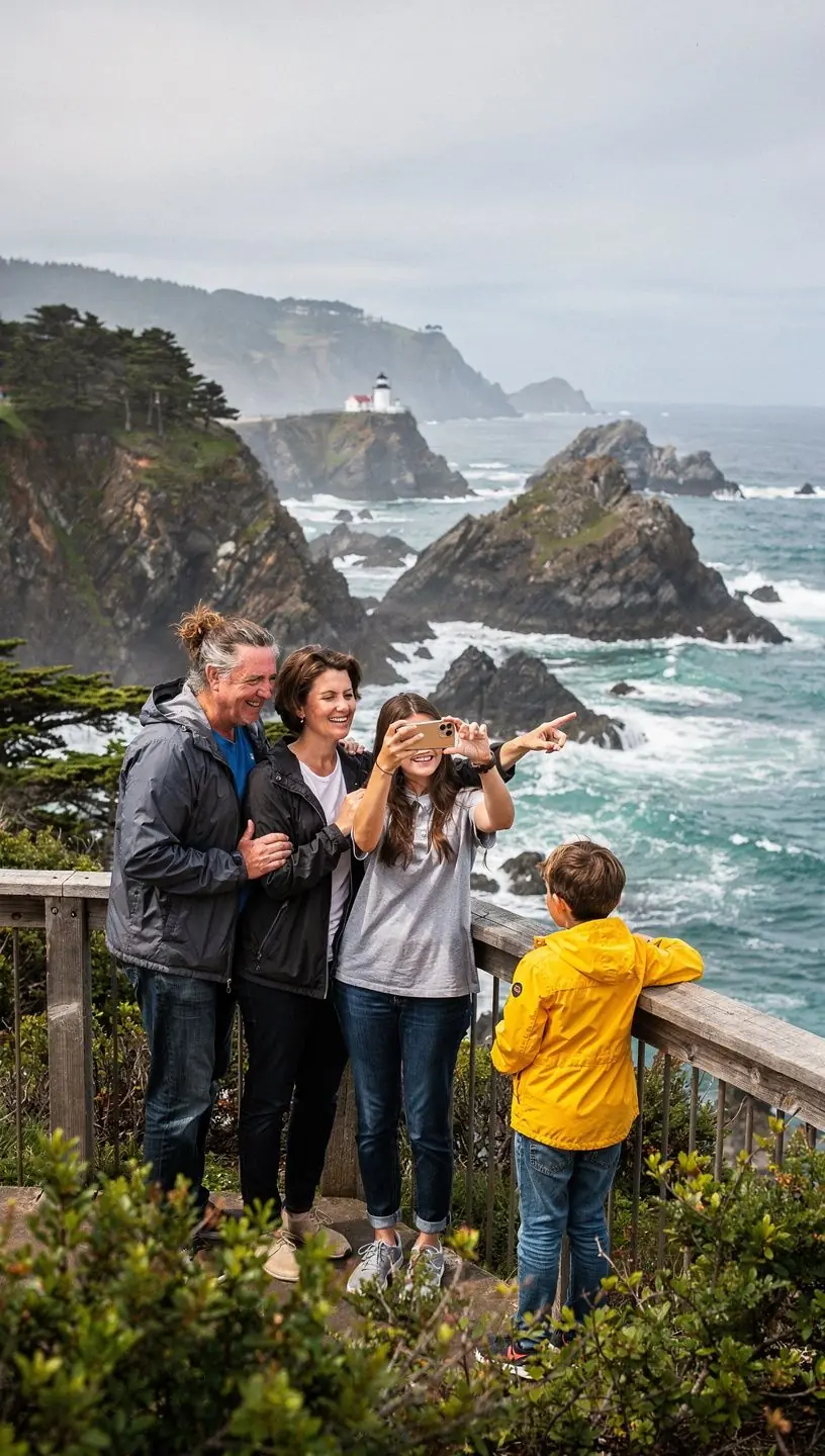 Grupa turystów odkrywających malownicze klify i punkty widokowe wzdłuż wybrzeża.