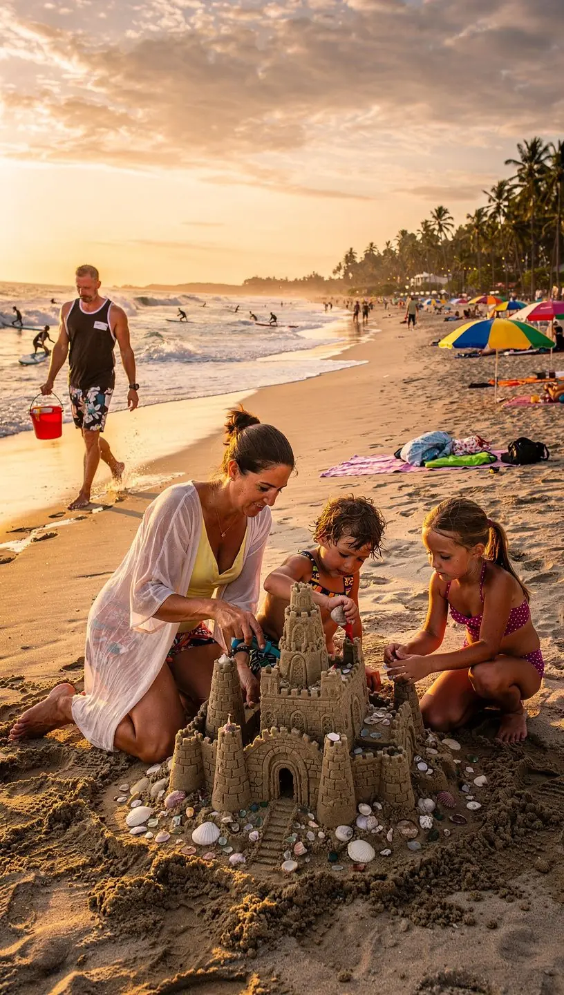 Rodzina cieszy się wspólnym czasem na plaży, podziwiając widok na ocean i klify.