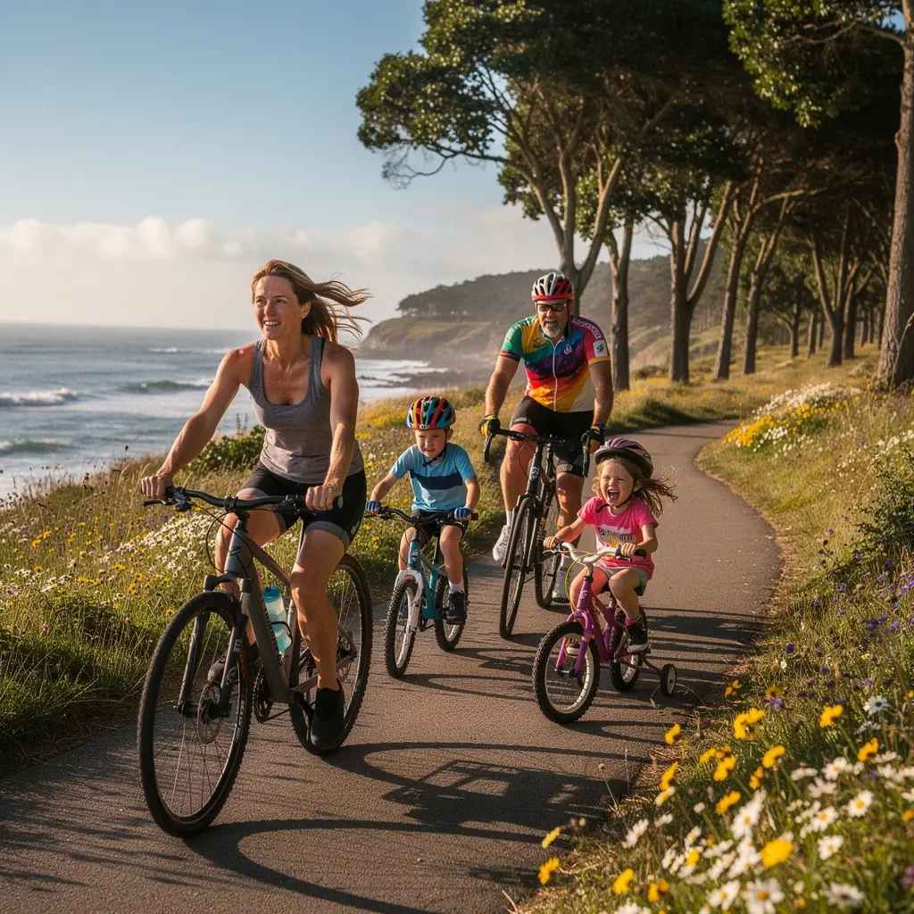 Rodzina ciesząca się widokiem na ocean podczas wspólnego pikniku na plaży.