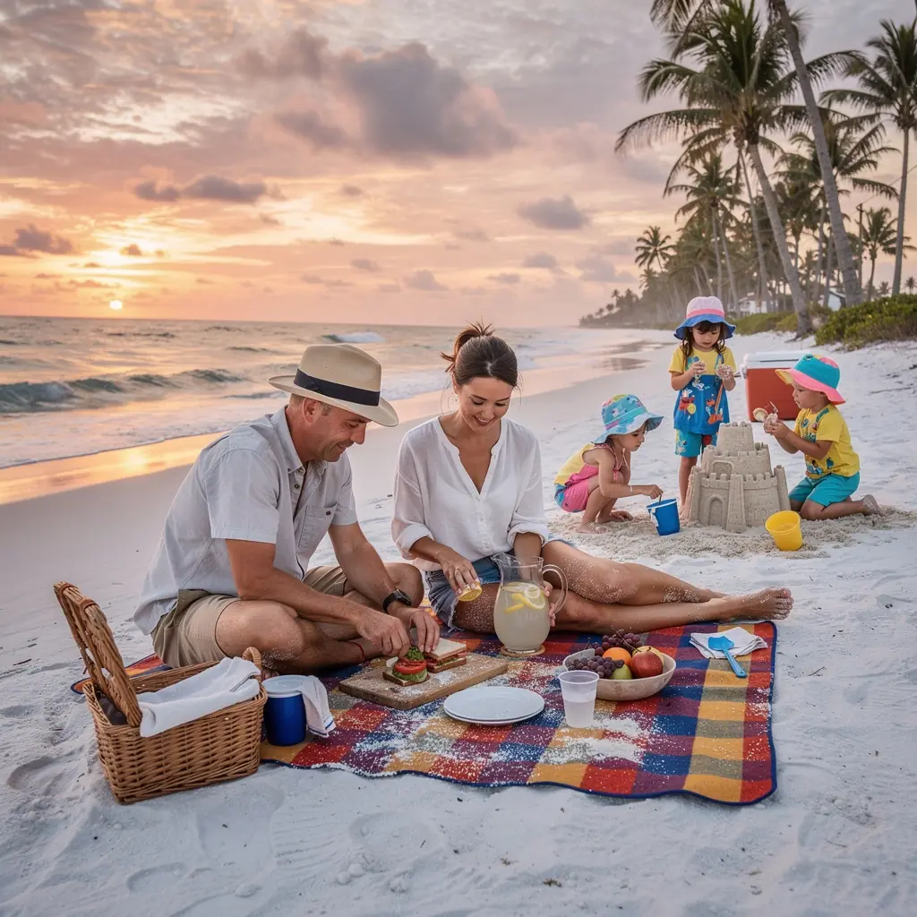Rodzina spędzająca czas na plaży, podziwiająca widoki na ocean podczas słonecznego dnia.