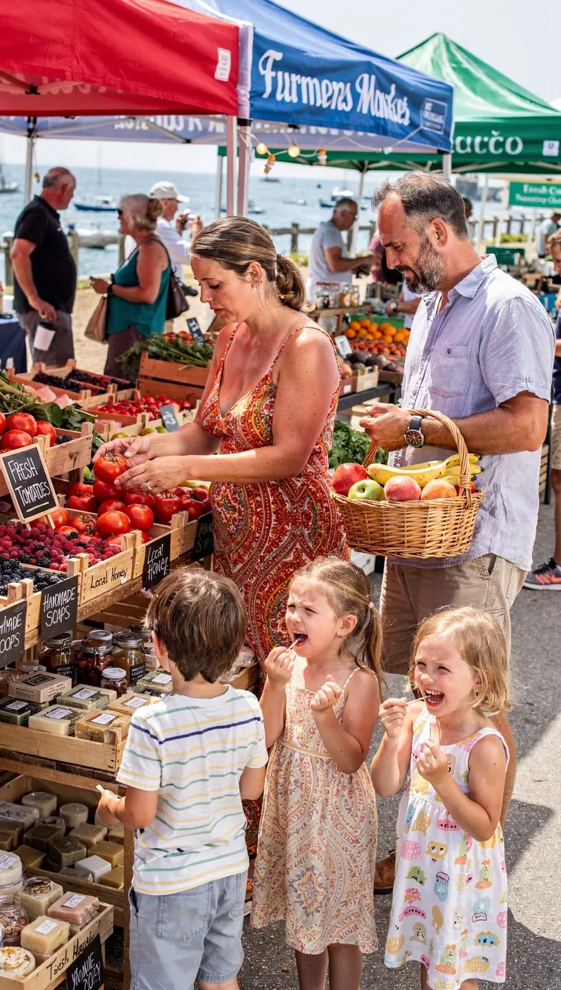 Dzieci bawią się w piasku, a w tle widać malownicze klify nadmorskie.