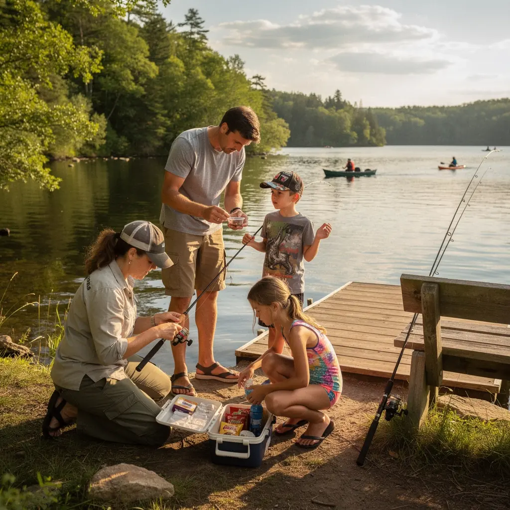 Rodzina planuje dzień pełen atrakcji, z mapą i notatkami na stole.