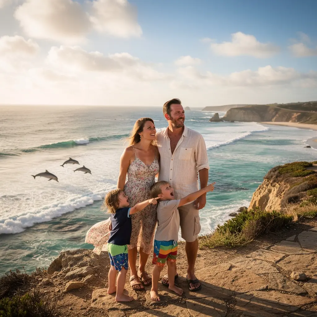 Widok na zachód słońca nad oceanem, tworzący romantyczną atmosferę.
