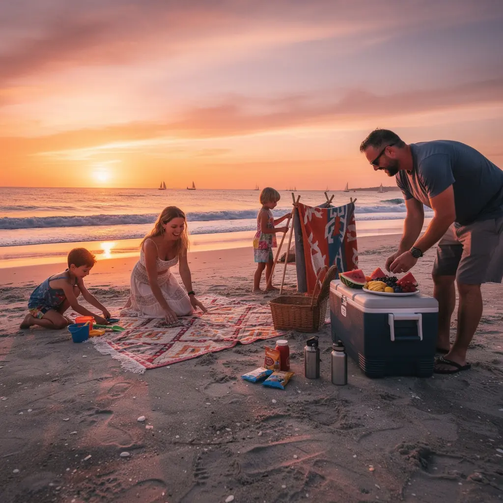 Rodzina spacerująca wzdłuż nadmorskiej promenady z widokiem na fale.