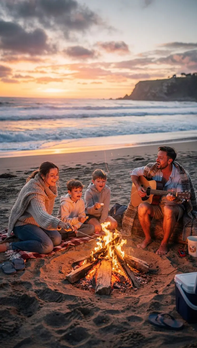 Rodzina cieszy się wspólnym czasem na plaży, podziwiając widoki nadmorskie.